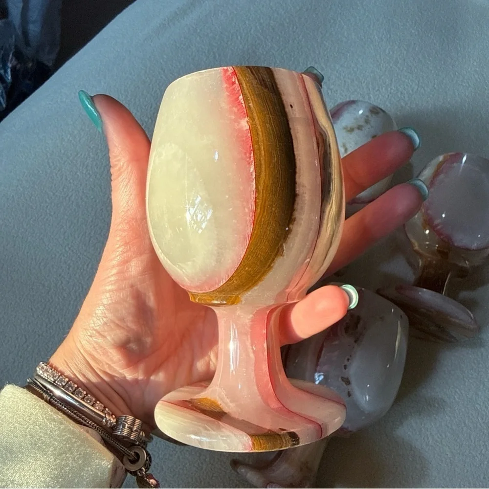 Vintage Pink, White and Gold Swirl Onyx Goblet Set - 5 Pieces marble onyx